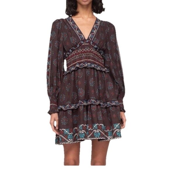NWT SEA NY Ellabeth Size 8 Boho V-Neck Brown Cotton Blend Long Sleeve Dress  New - Picture 16 of 16